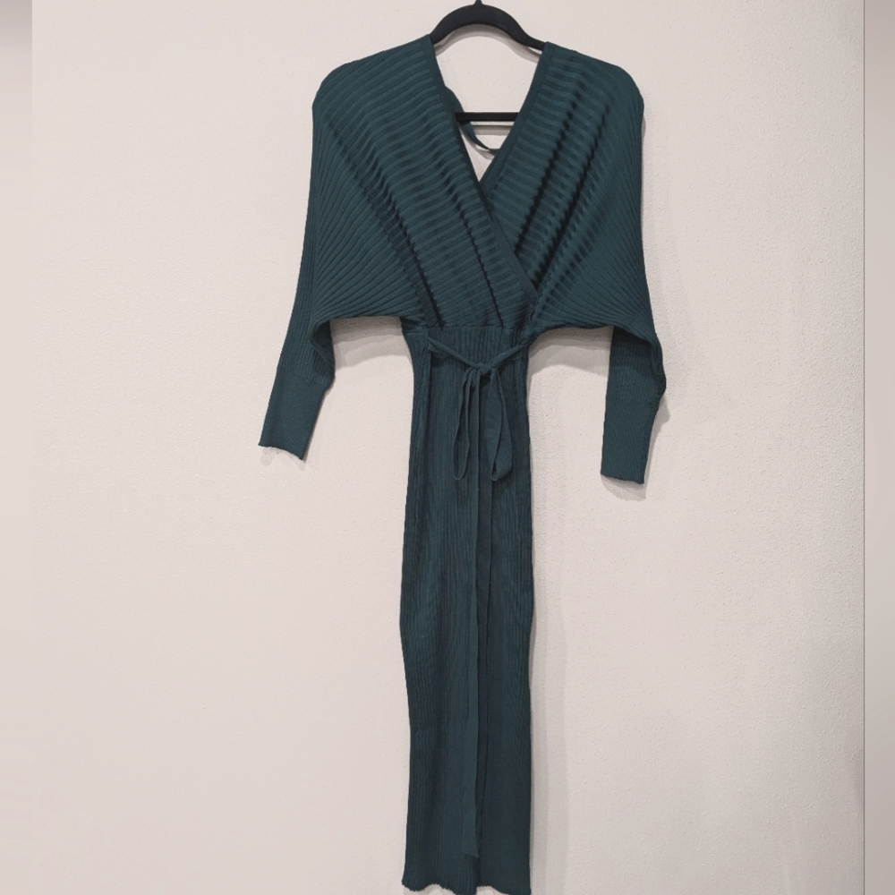 Main Strip Green Ribbed Bodycon Dress Tie Waste Stretchy Dolman Sleeve Size Med
